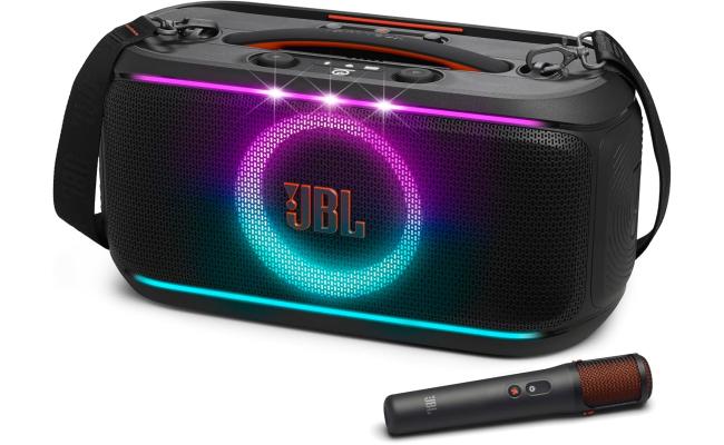 JBL PartyBox On-The-Go 2 - Portable Party Speaker with one Wireless Digital mic, Handle and a Shoulder Strap, Dynamic lightshow, Up to 15 Hours Playtime, Splash Proof & Auracast™ (Black)